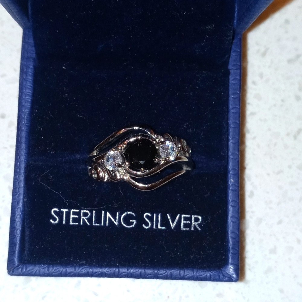 Black simulated diamond and 2 white CZ stones in .925 size 8
